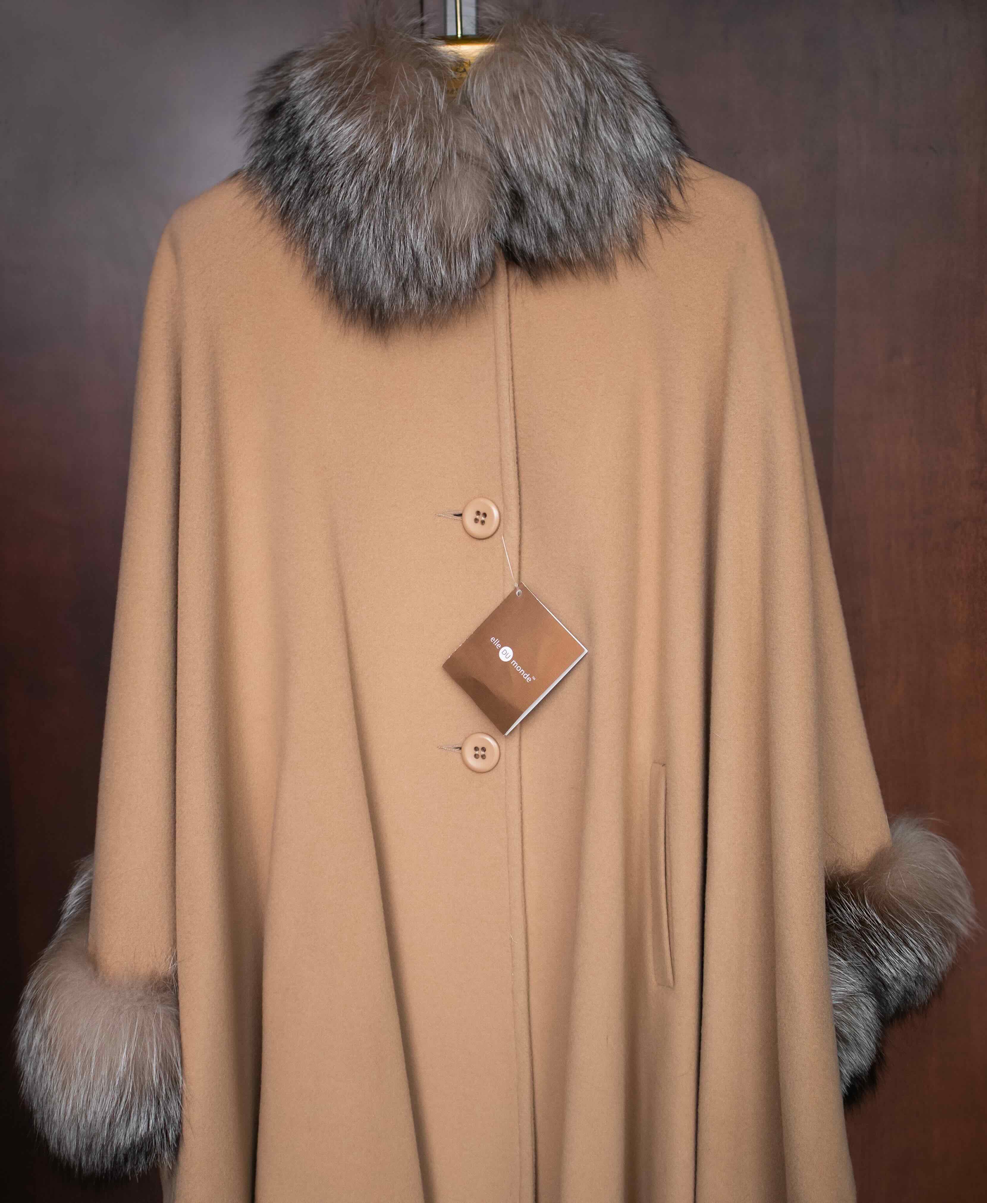 Crystal Fox Trim Medium Button Camel Cape view 2