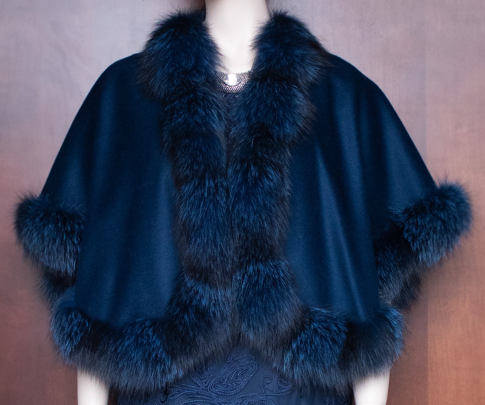 Navy Fox Trim Cocktail Wrapped Cape view 2