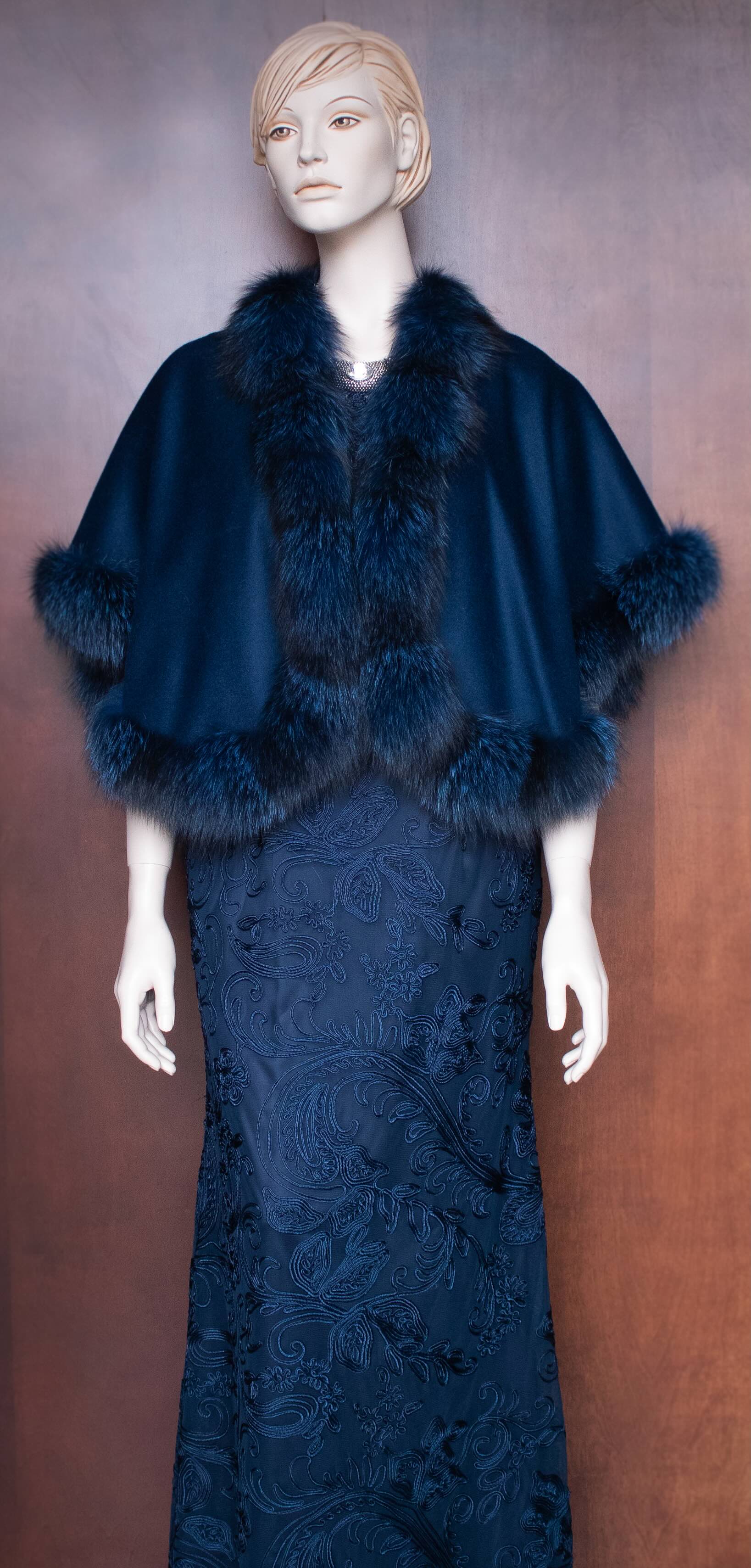 Navy Fox Trim Cocktail Wrapped Cape